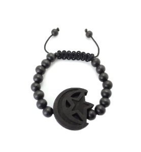 Star and Crescent Moon Adjustable Wooden Bead Bracelet - Black