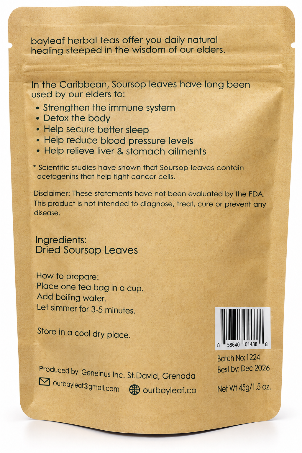 Bayleaf Hand-Crafted Soursop Tea – Pure Grenadian Herbal Tea | 25 Tea Bags