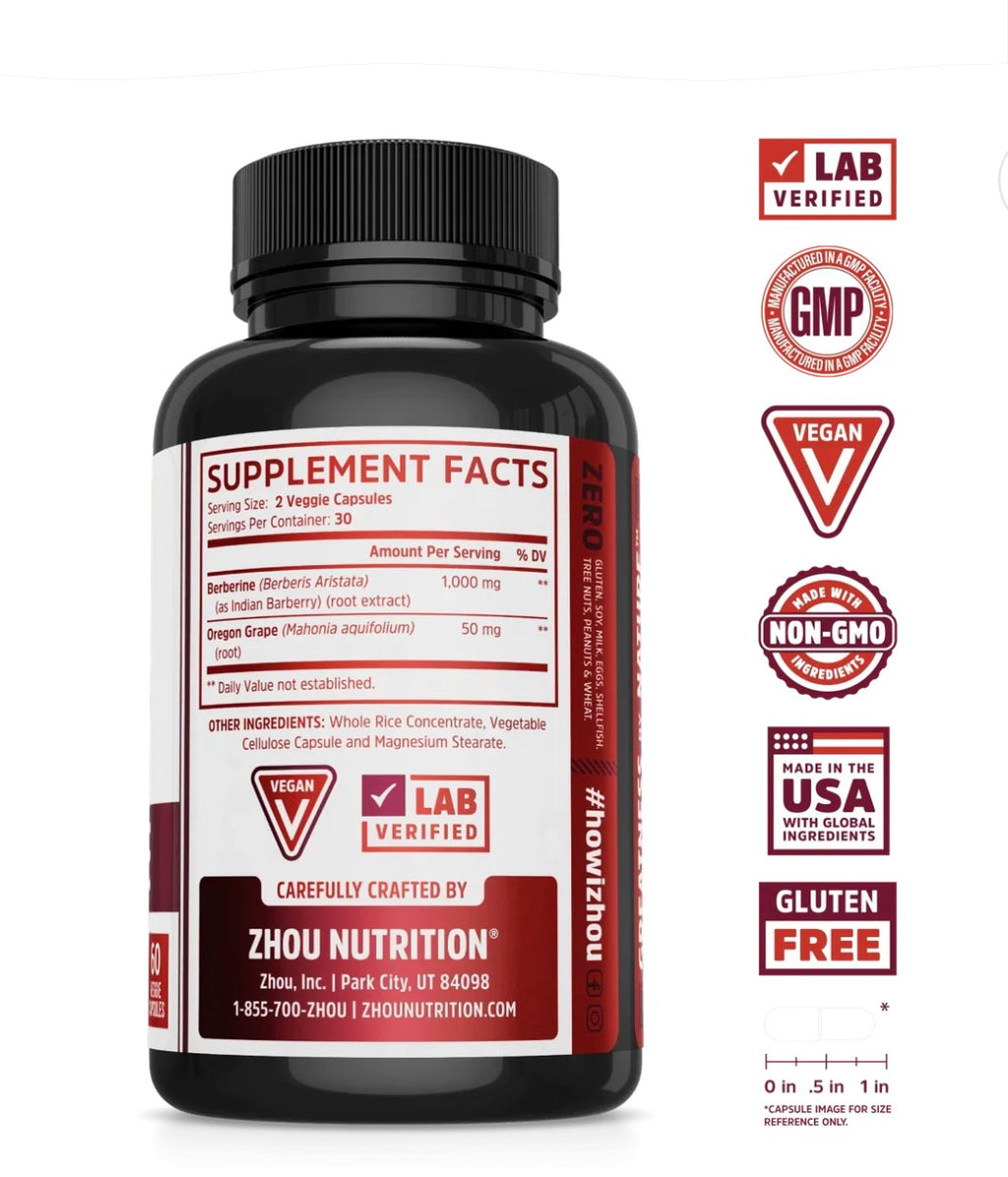 Zhou Nutrition Berberine with Oregon Grape – 1000 mg | 60 Vegan Capsules