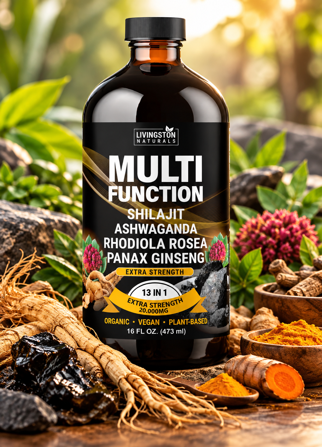 Multi Function 13-in-1 Extra Strength Herbal Supplement – Shilajit, Ashwagandha, Rhodiola Rosea & Panax Ginseng | 20,000mg | 16 fl oz