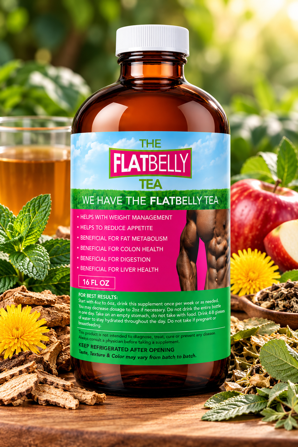 The Flatbelly Tea – Organic Herbal Blend with Apple Cider Vinegar | 16 FL OZ